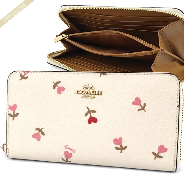 COACH コーチ ラウンドファスナー長財布 ハートフラワー 花柄 ホワイト系×ライトブラウン C3287 IMCAH