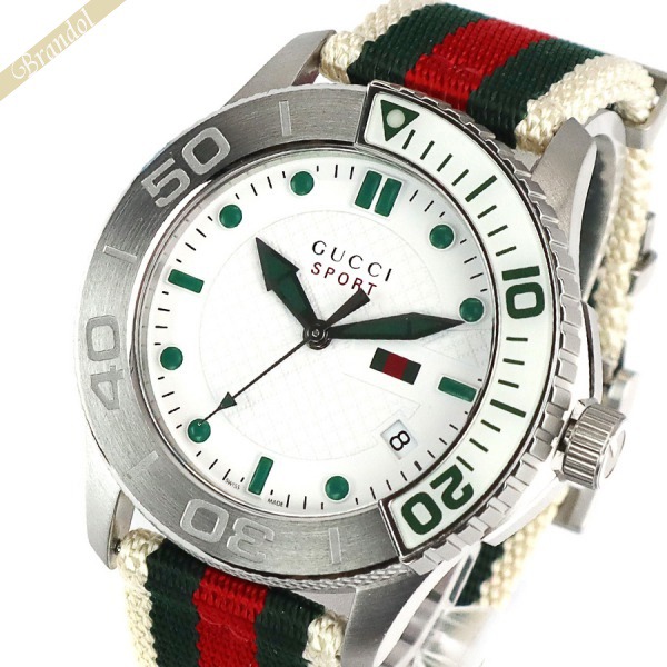GUCCI グッチ メンズ腕時計 Gタイムレス NATOストラップ 44mm ホワイト×グリーン×レッド YA126231