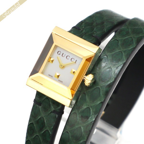 GUCCI グッチ レディース腕時計 Gフレーム 二重巻きベルト ブレスウォッチ ホワイトパール×グリーン YA128525