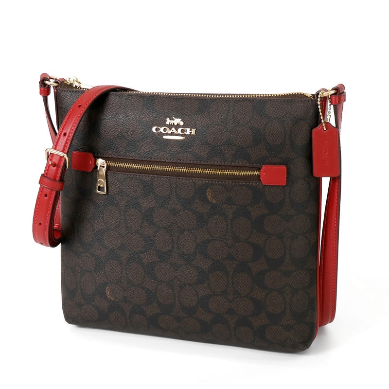 COACH コーチ ショルダーバッグ シグネチャーキャンバス 縦型 ブラウン×レッド CCQ27 IMXD0