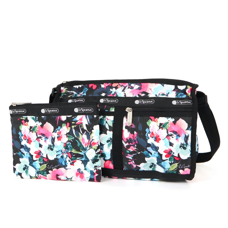 LeSportsac レスポートサック ショルダーバッグ DELUXE SHOULDER SATCHEL 花柄 ブラック系マルチカラー 7519 E457
