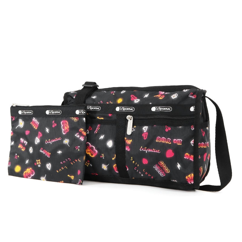 LeSportsac レスポートサック ショルダーバッグ DELUXE SHOULDER SATCHEL ネオン風 キュート柄 ブラック系 7519 E481