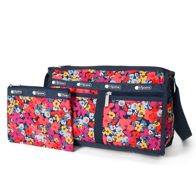 LeSportsac レスポートサック ショルダーバッグ DELUXE SHOULDER SATCHEL 花柄 ポーチ付 ピンク系マルチカラー×ネイビー 7519 F665