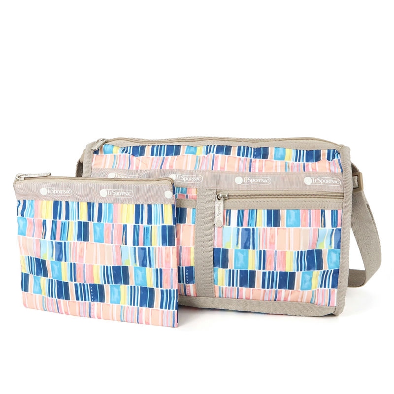 LeSportsac レスポートサック ショルダーバッグ DELUXE SHOULDER SATCHEL ペイント風タイル柄 ピンク×ブルー系マルチカラー 7519 F978