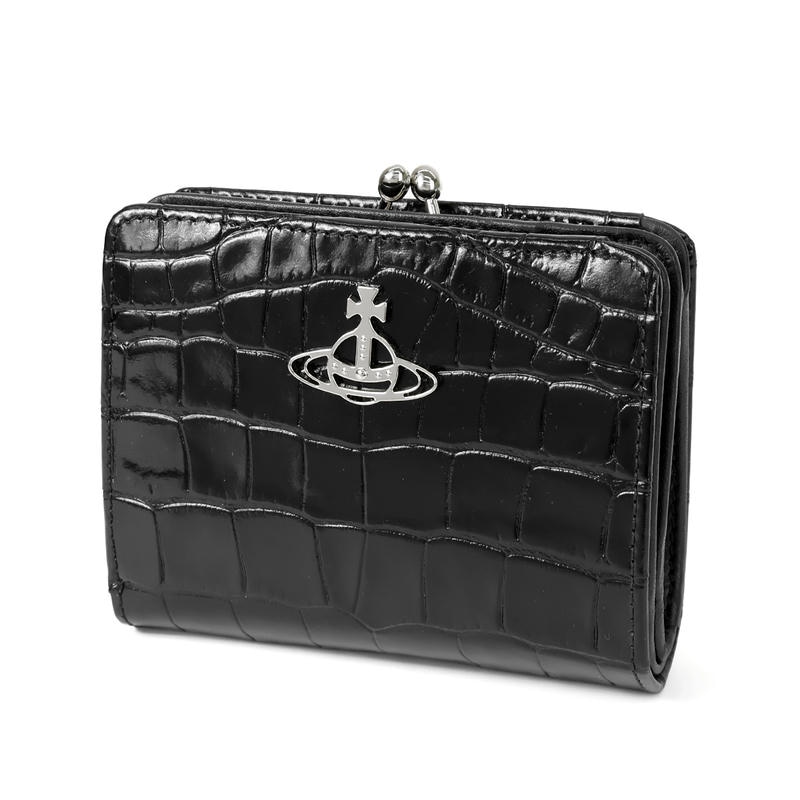 Vivienne Westwood ヴィヴィアンウエストウッド 二つ折り財布 がま口 クロコダイル調型押しレザー ブラック 51010020U L0039 N401
